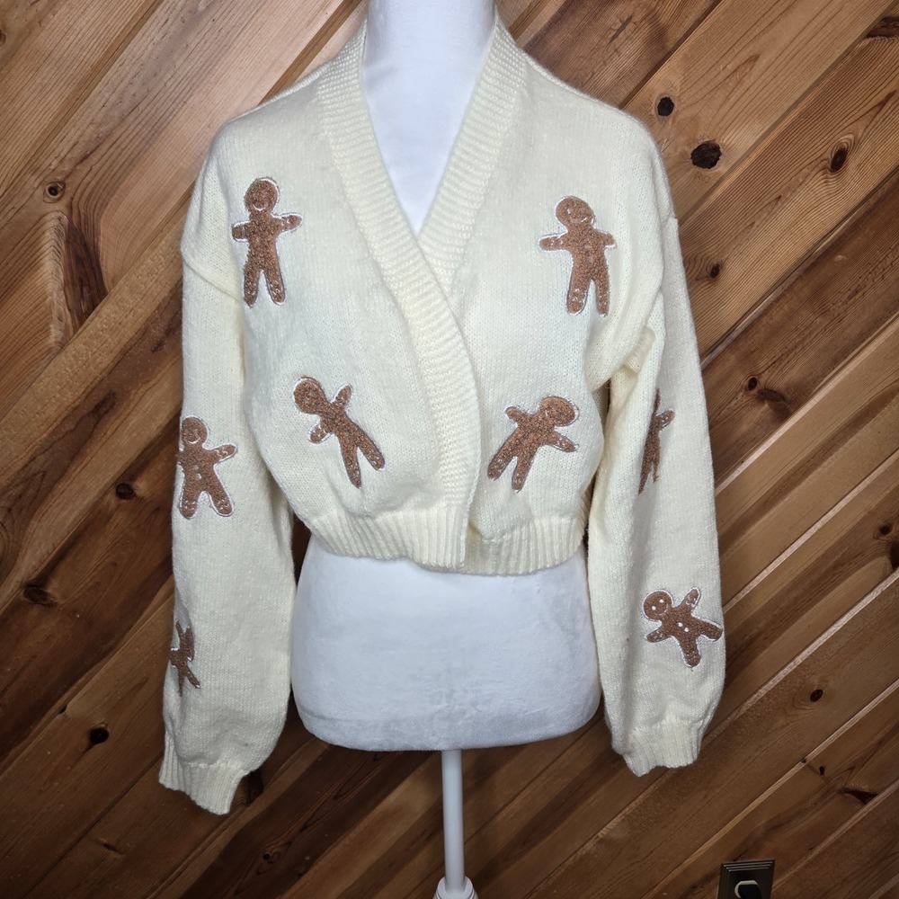 Womens Crop Knit Cream Color Cardigan Gingerbread Size Large